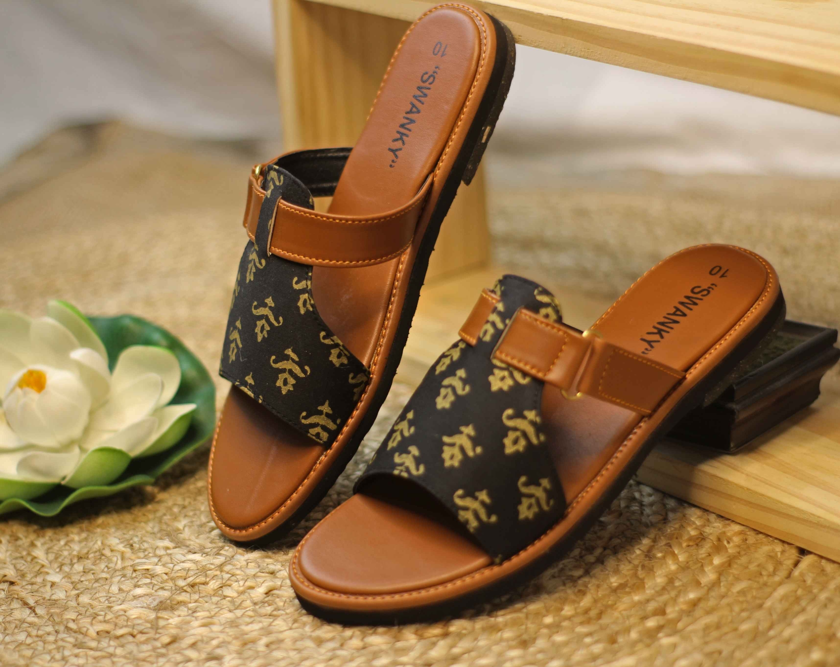 Black & Antique Gold Printed Comfort Sandal