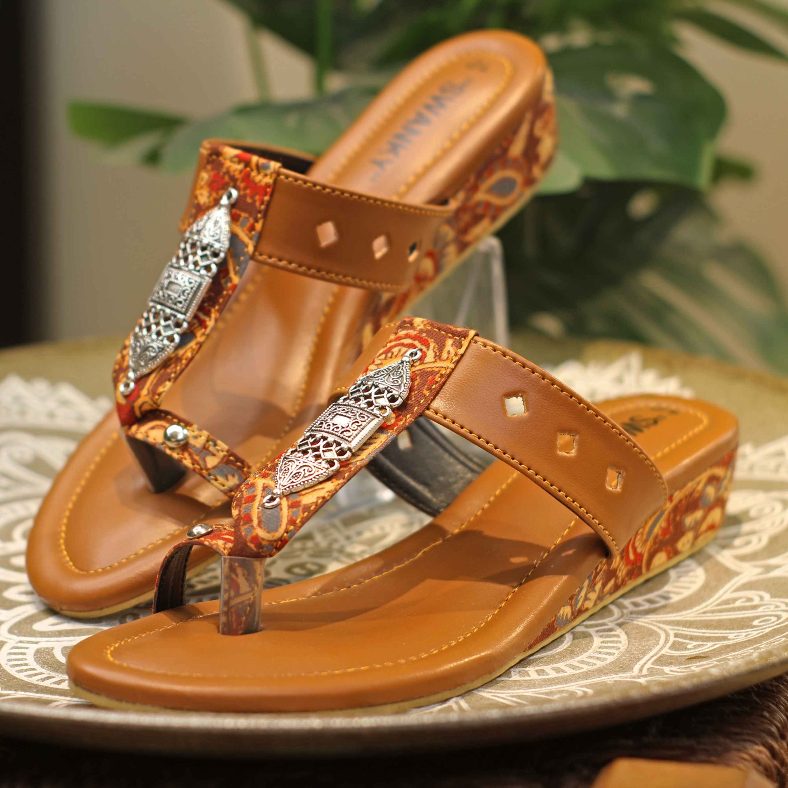 Tan Ethnic Printed Wedge Sandals