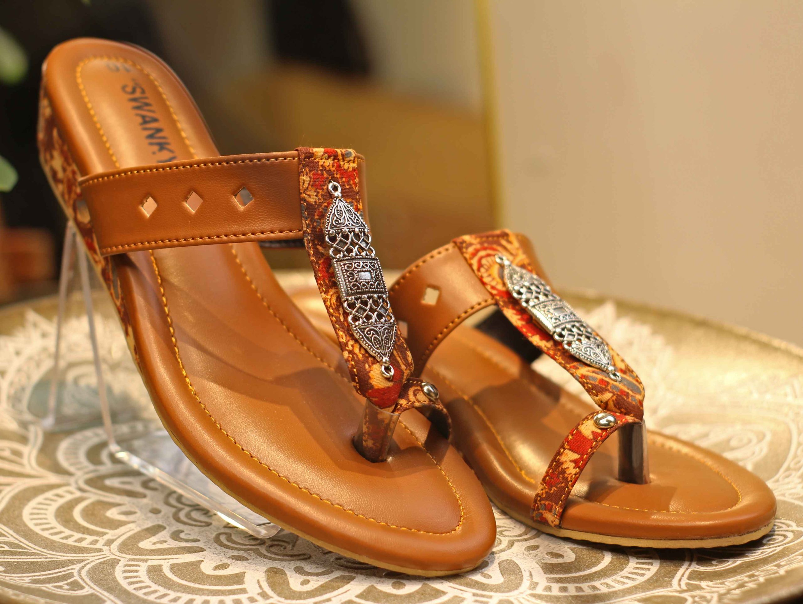 Tan Ethnic Printed Wedge Sandals - Image 2