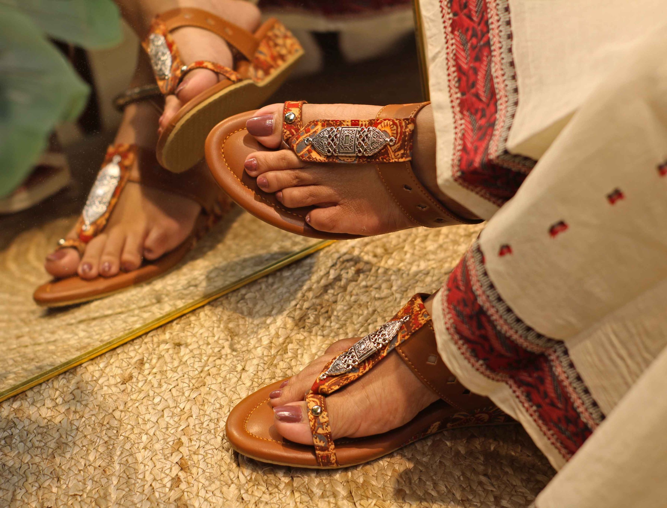 Tan Ethnic Printed Wedge Sandals - Image 4