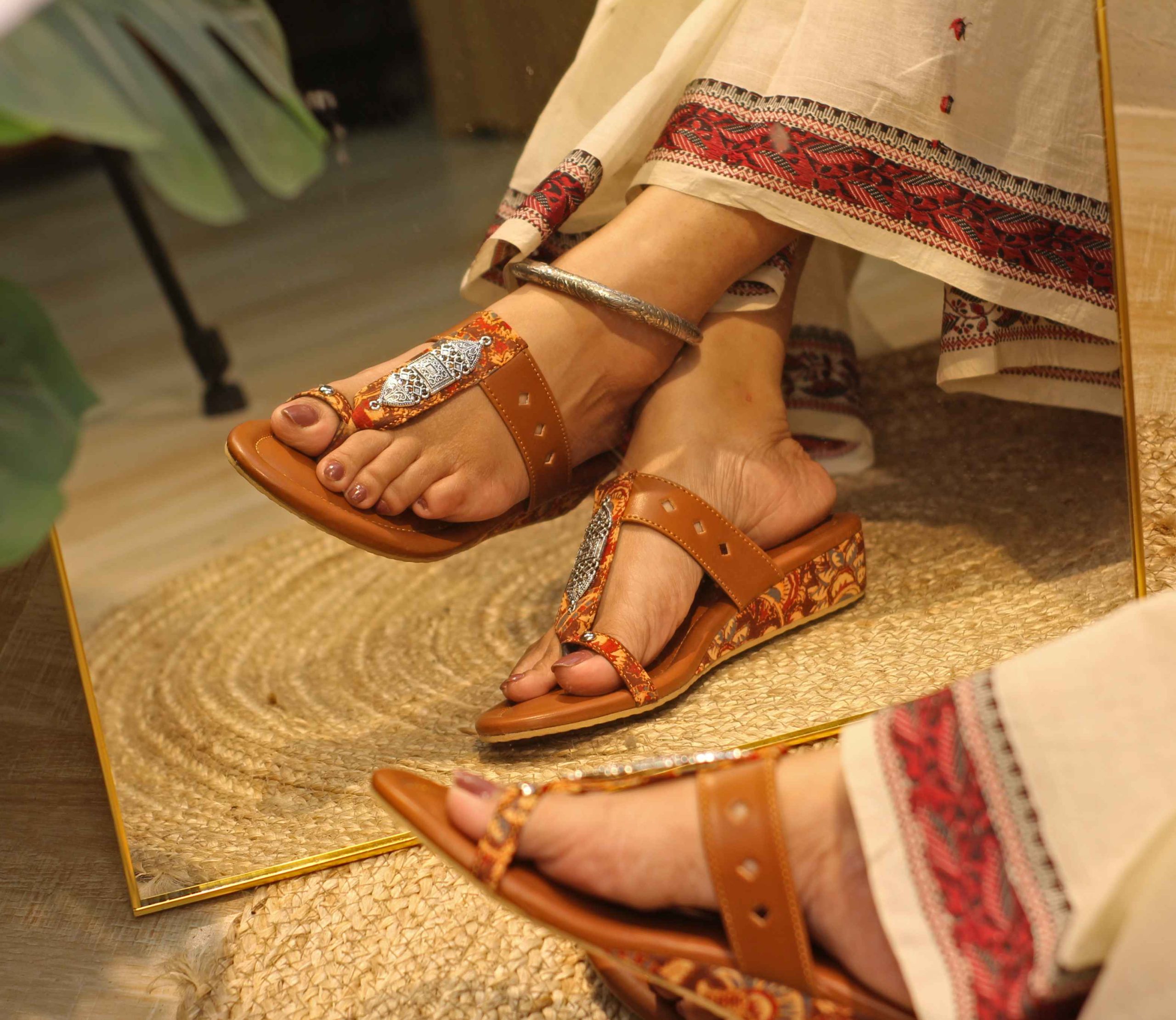 Tan Ethnic Printed Wedge Sandals - Image 3