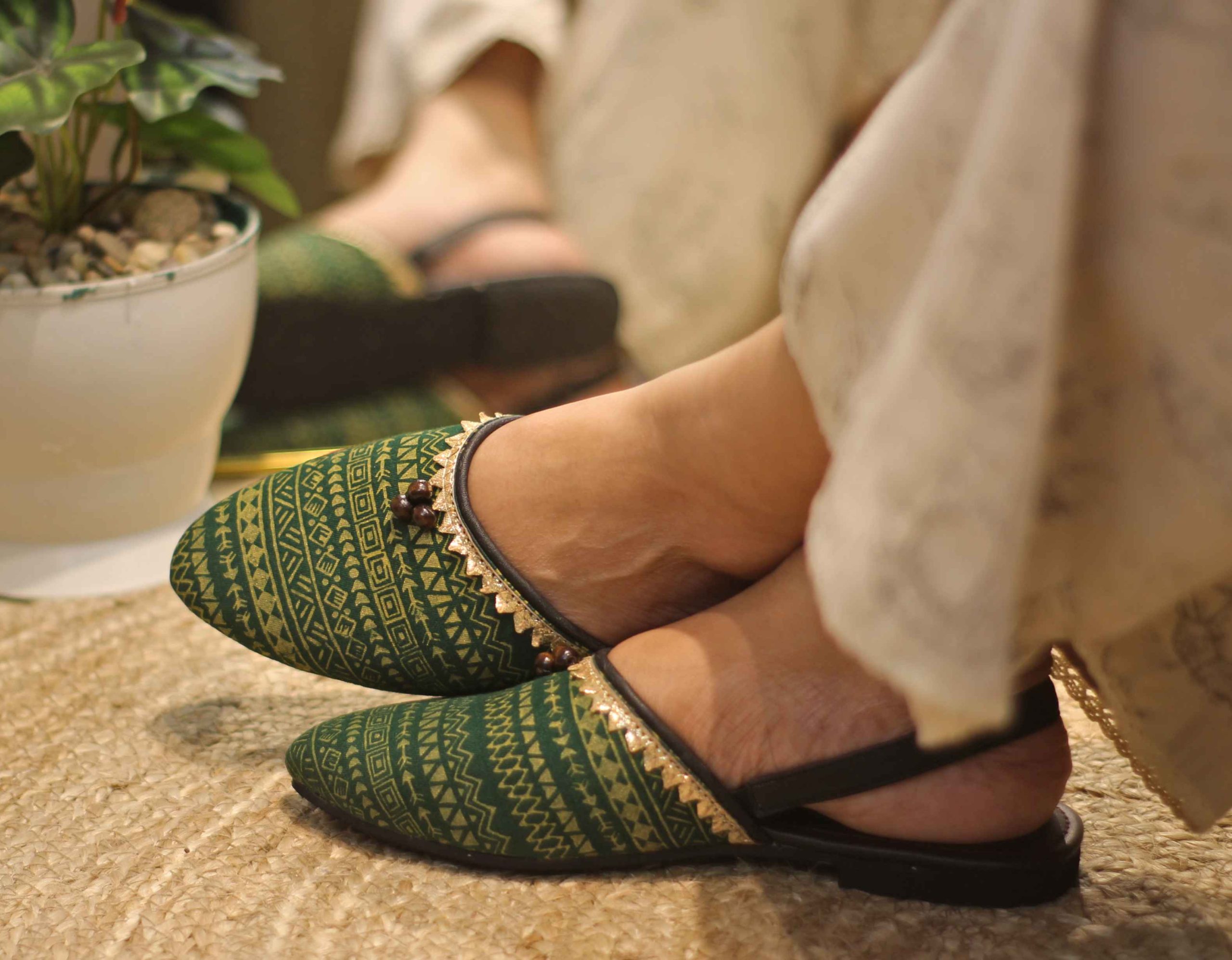 Forest Green Block-Printed Mules - Image 3