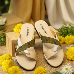 Cream Olive Print Flat Sandals