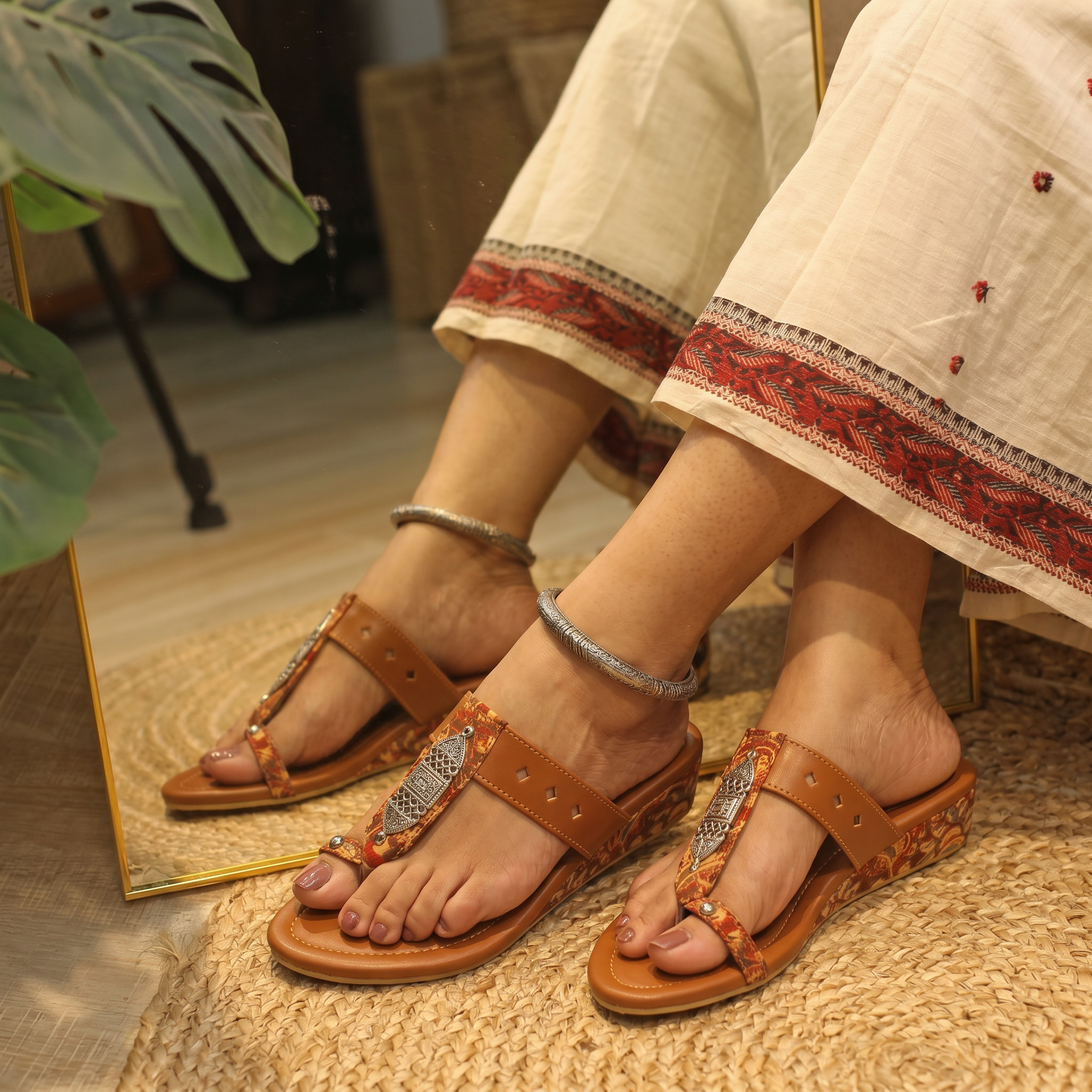 Tan Ethnic Printed Wedge Sandals - Image 5