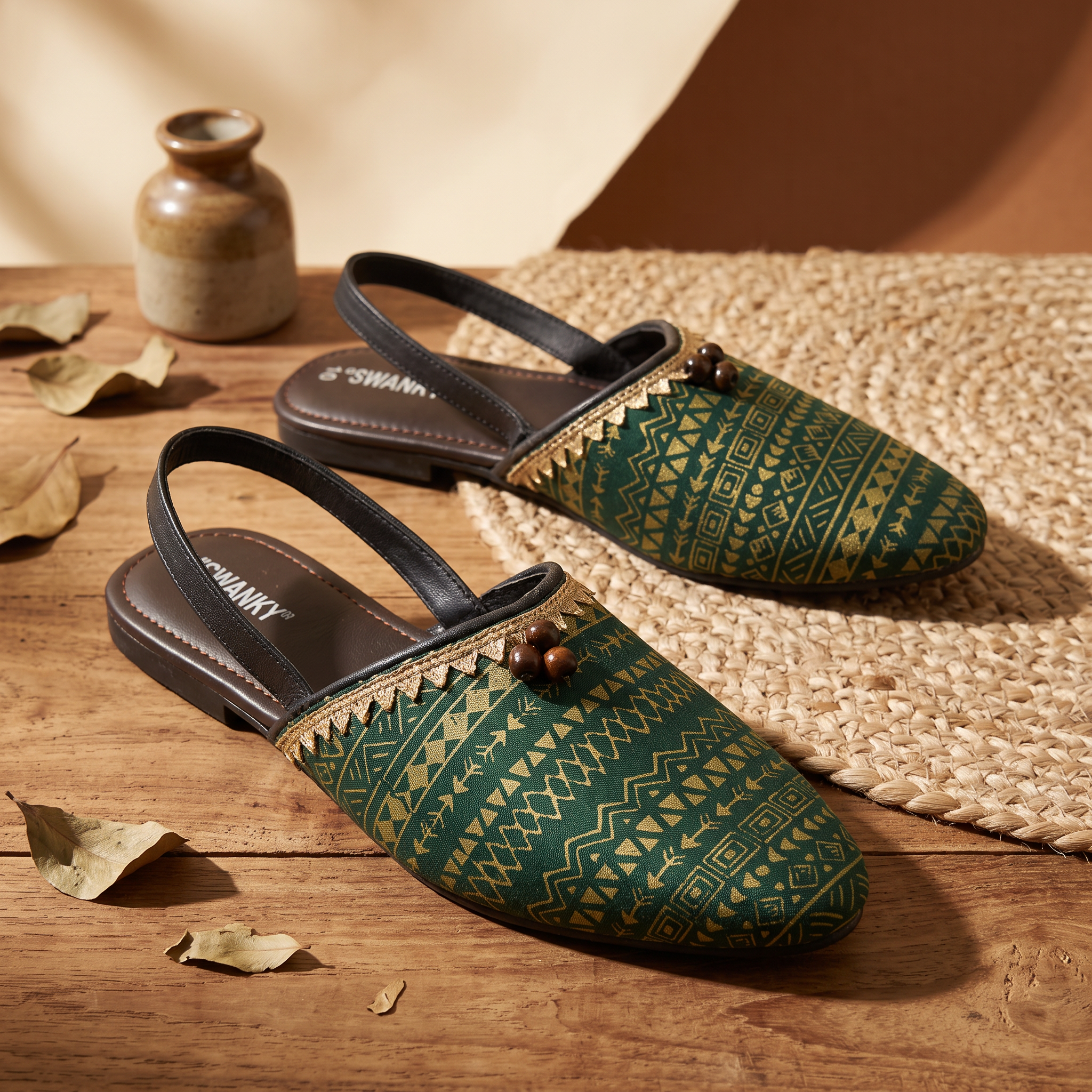 Forest Green Block-Printed Mules